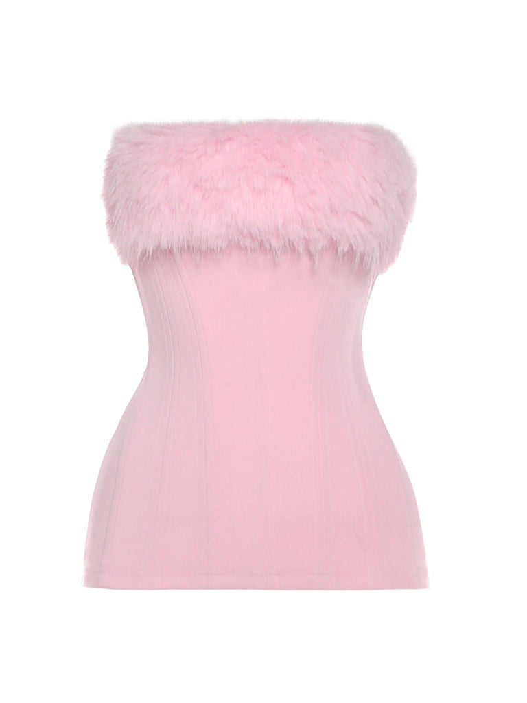 Haut uni moulant sans bretelles en peluche des années 1980