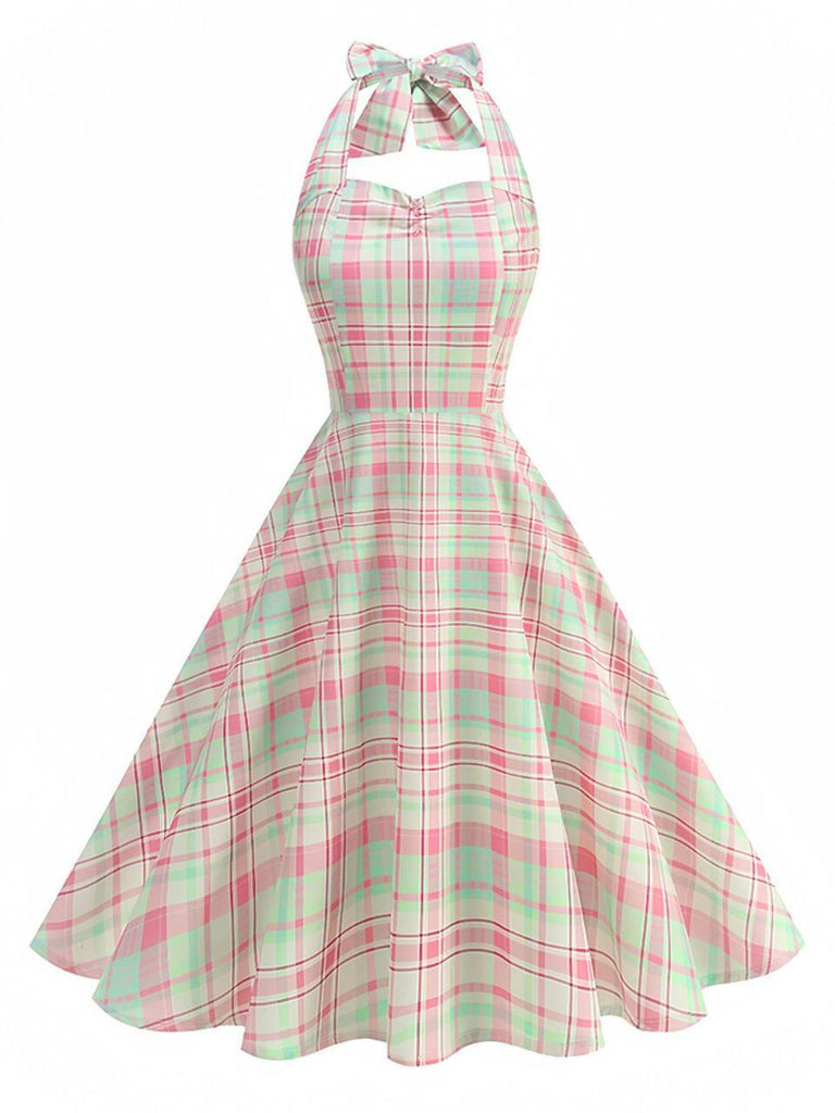 Robe dos nu à carreaux rose pâle années 50