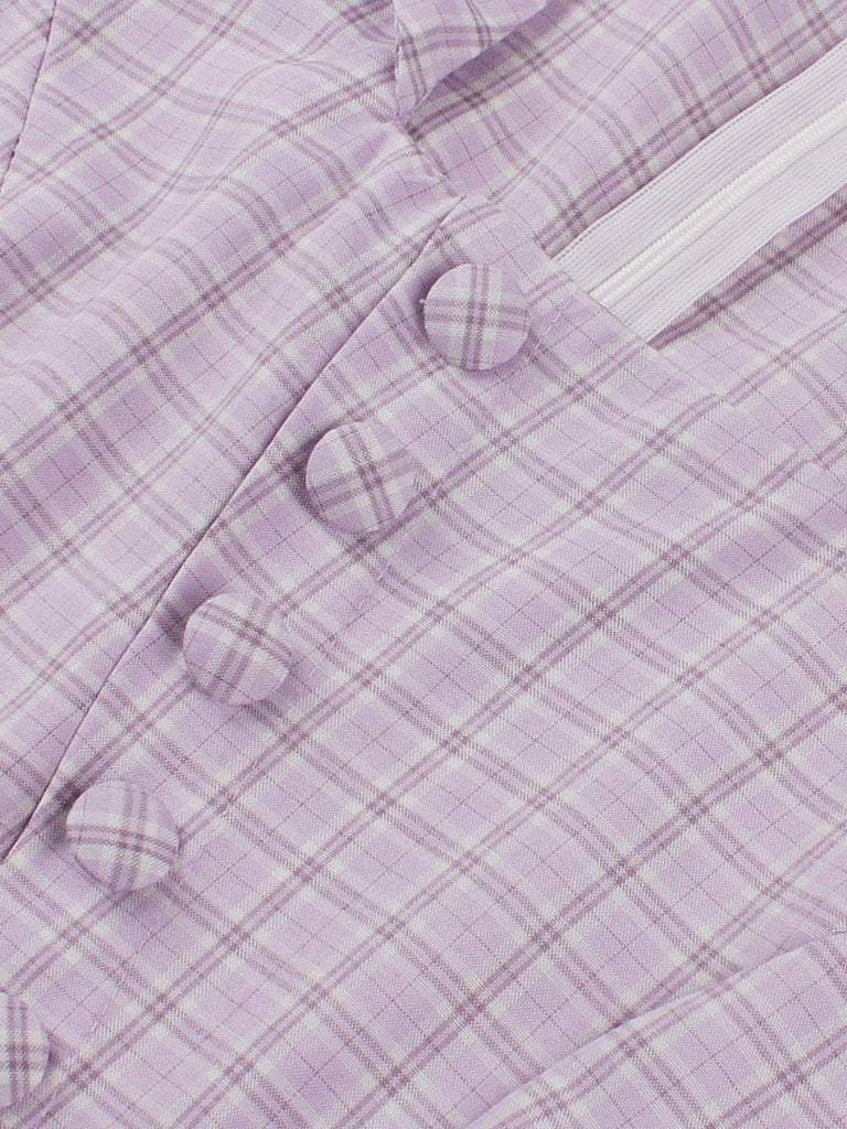 Robe Évasée Boutonnée Col Carré À Carreaux Violette Année 1950