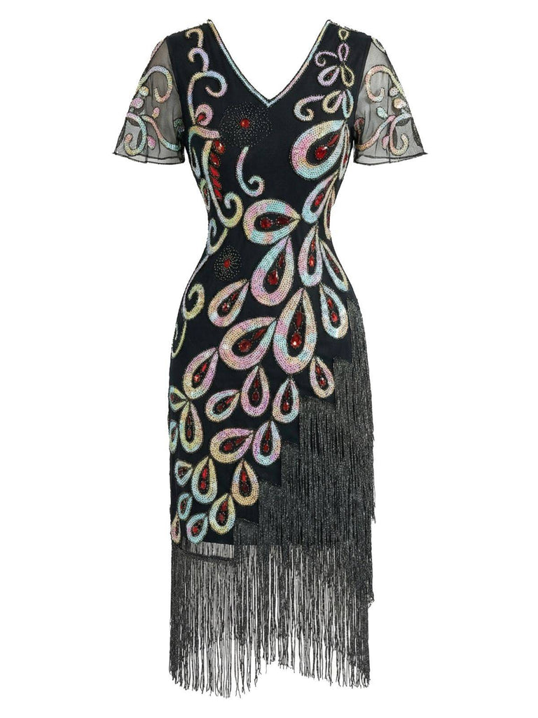 Robe Flapper Paon Paillettes Perles Franges Noire Année 1920