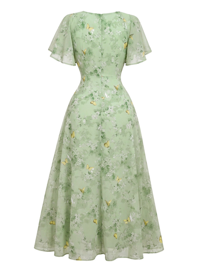 Robe jaune mousseline à manches papillon années 1930