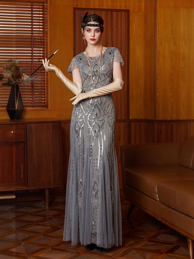 Robe grise à sequins en tulle manches courtes col rond années 1920