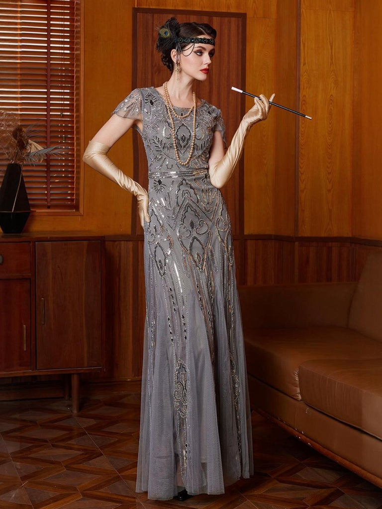 Robe grise à sequins en tulle manches courtes col rond années 1920
