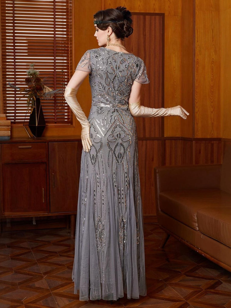 Robe grise à sequins en tulle manches courtes col rond années 1920