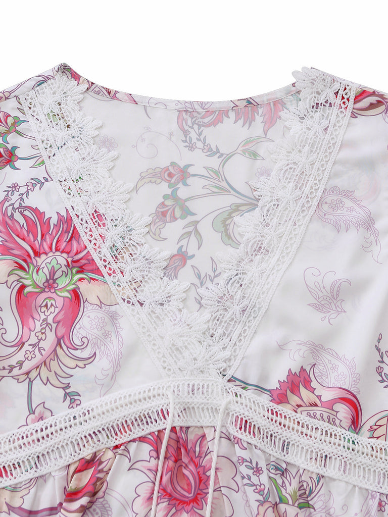 Rose Floral Découpé Imprimé Col V Dentelle Robe Années 1960 4