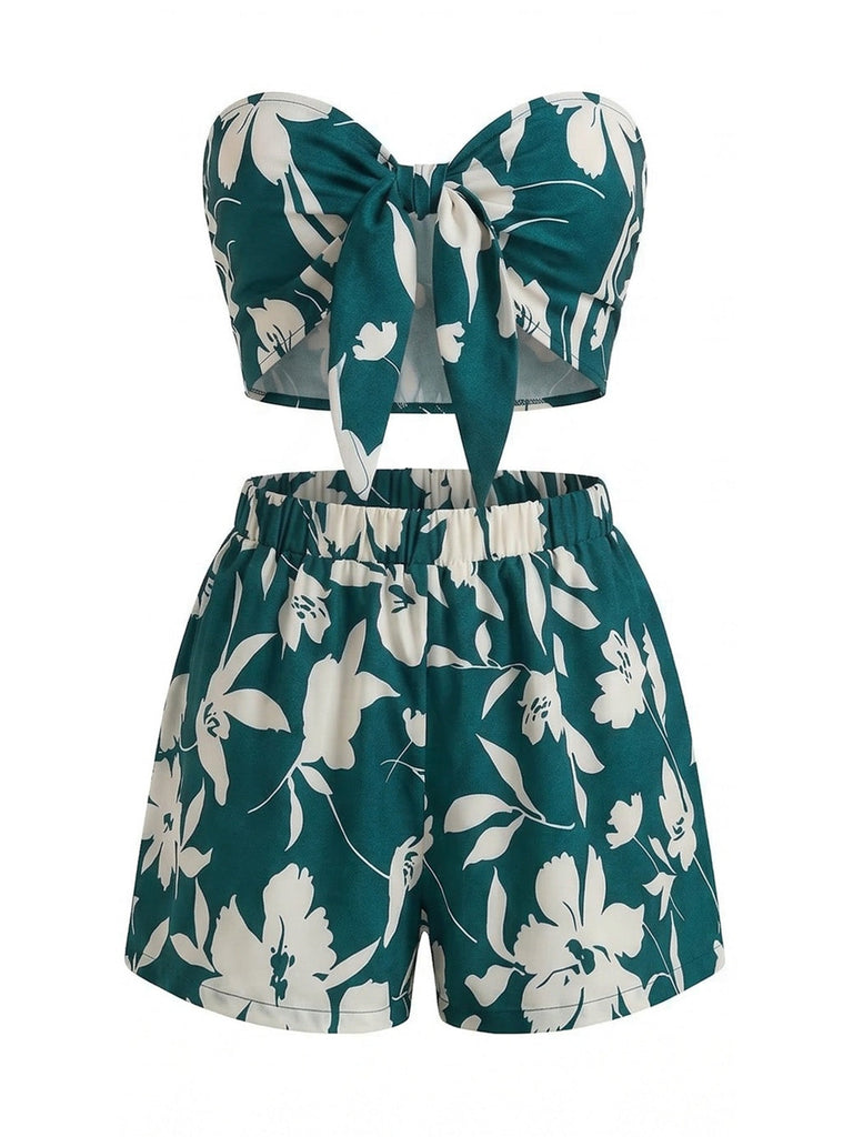 2 Pièces Tropical Floral Imprimé Bustier & Short Ensemble Années 1930