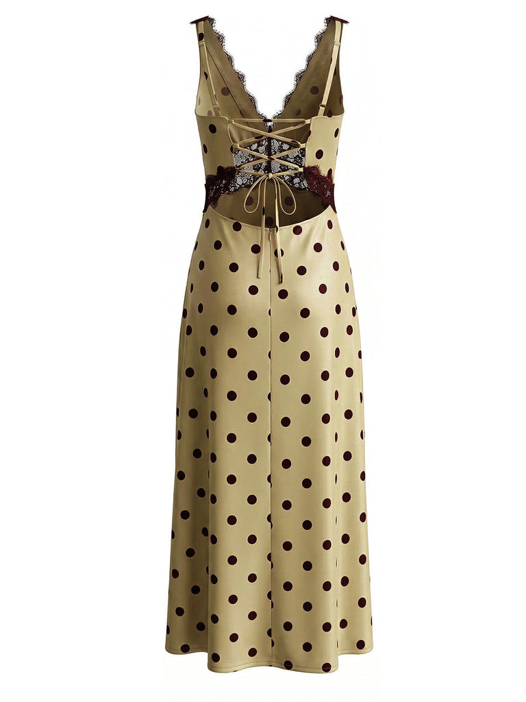 Kaki Col V à Pois Dentelle-Bordure Sans Manches Robe Années 1930 2