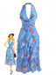 Robe plissée volants col halter et dos nu fleuri années 1930