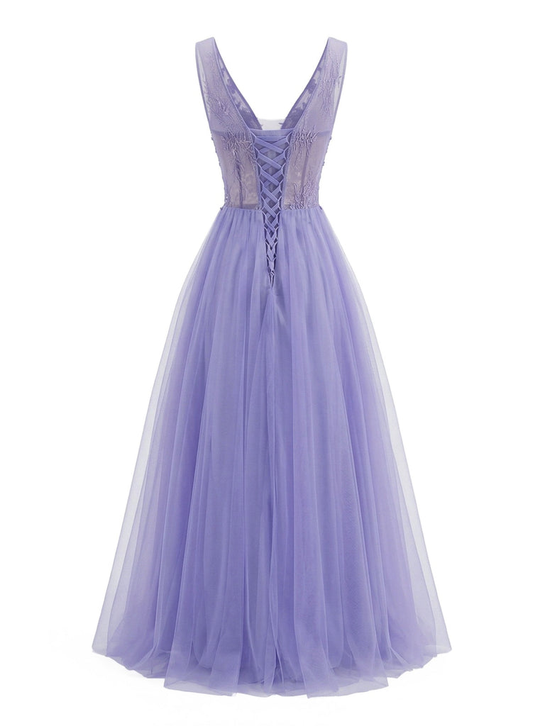 Robe Longue Violette en Tulle Col V à Broderie Années '50 2