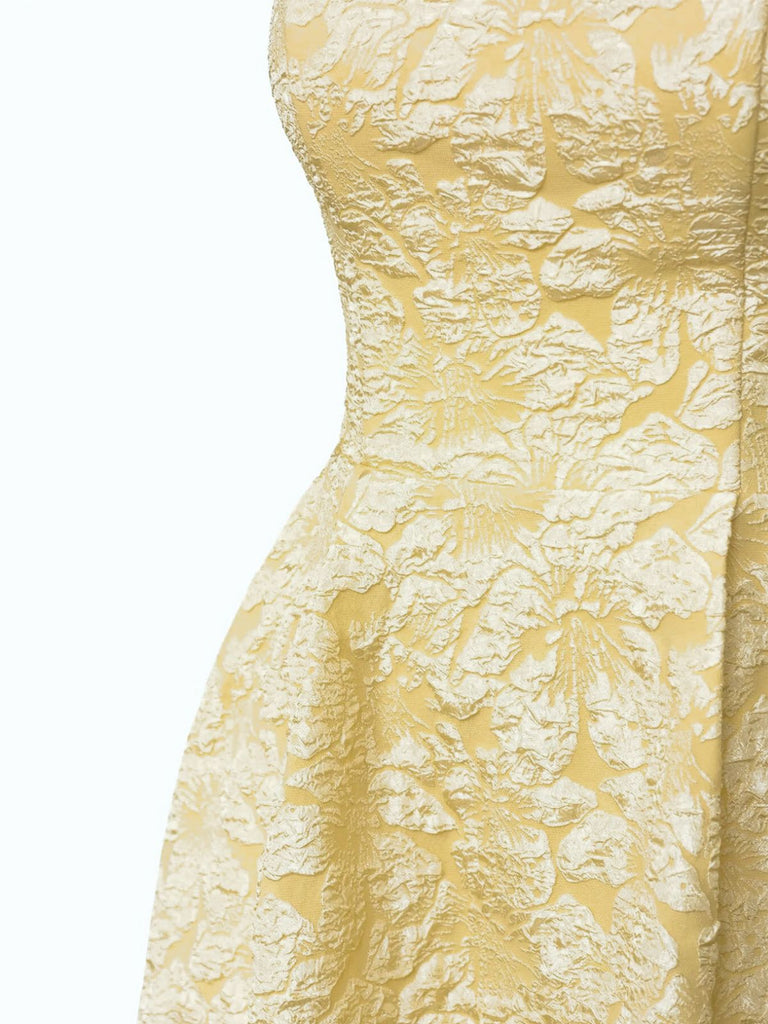 Jaune Floral Jacquard Texturé Bretelles Fines Robe Midi Années 1950 5