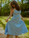 Robe midi jaune fines bretelles et imprimé floral jacquard années 1950