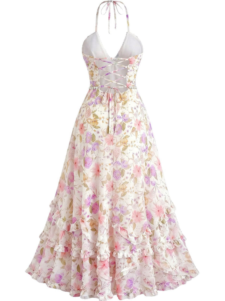Robe Blanche Dos-Nu Florale Multicolore Années 1930