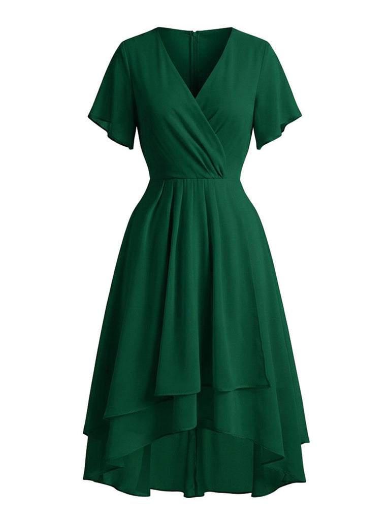 Robe Noire Foncée Col V en Mousseline Asymmetrical Années 1950