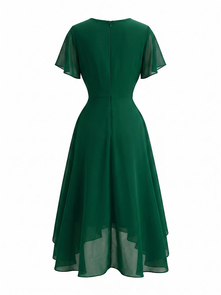 Robe Noire Foncée Col V en Mousseline Asymmetrical Années 1950
