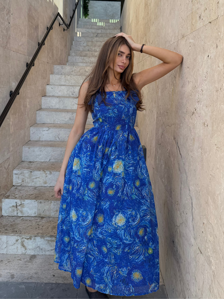 Robe Longue Bleue Imprimé La Nuit Étoilée Van Gogh Années 40