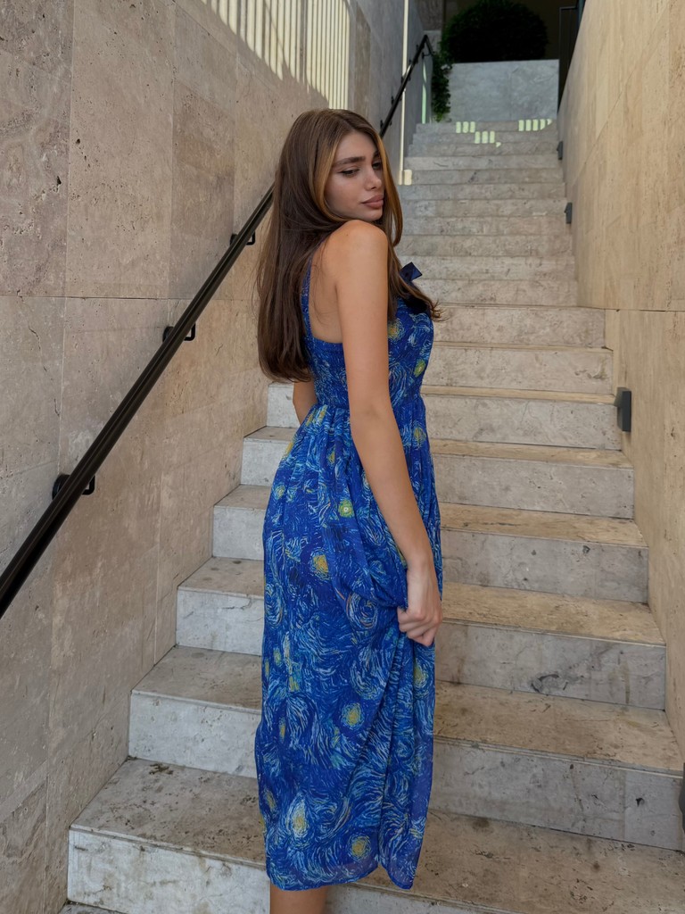 Robe Longue Bleue Imprimé La Nuit Étoilée Van Gogh Années 40