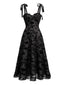 Robe Noire Floral Velours Bretelle Nœud Années 1950