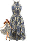 Robe bleue motif floral et liseré années 1940