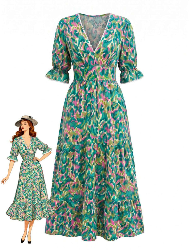 Robe Floral Col V à Volants Vert Années 1970