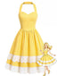 Robe jaune pois coton encolure dos nu nœud et volants années 1950