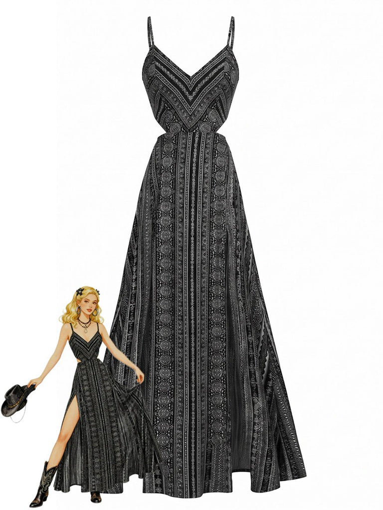 Robe longue oasis bohème fines bretelles années 70