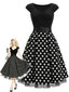Robe évasée noire maille pois manches courtes et ceinture années 50