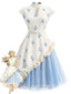 Robe Col Montant Rose Tulle Bleu Années 50