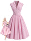 Robe évasée rose motif vichy col V revers et ceinture années 40