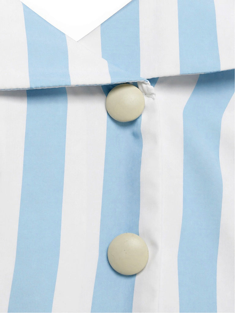 Robe Sans Manches Revers Rayée Bleu Clair Années 1950