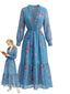 Robe longue bleue bohème motif floral col V profond et volants années 70