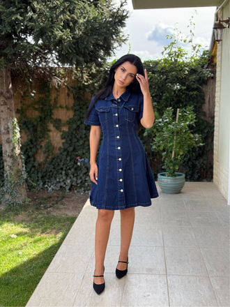 Robe Manches Courtes Boutonné Denim Bleu Années 1950