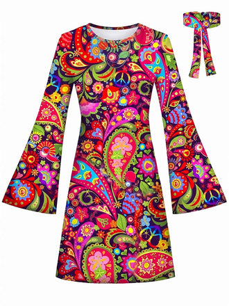 Mini Robe Paisley Psychédélique Manches Évasées Années 1960
