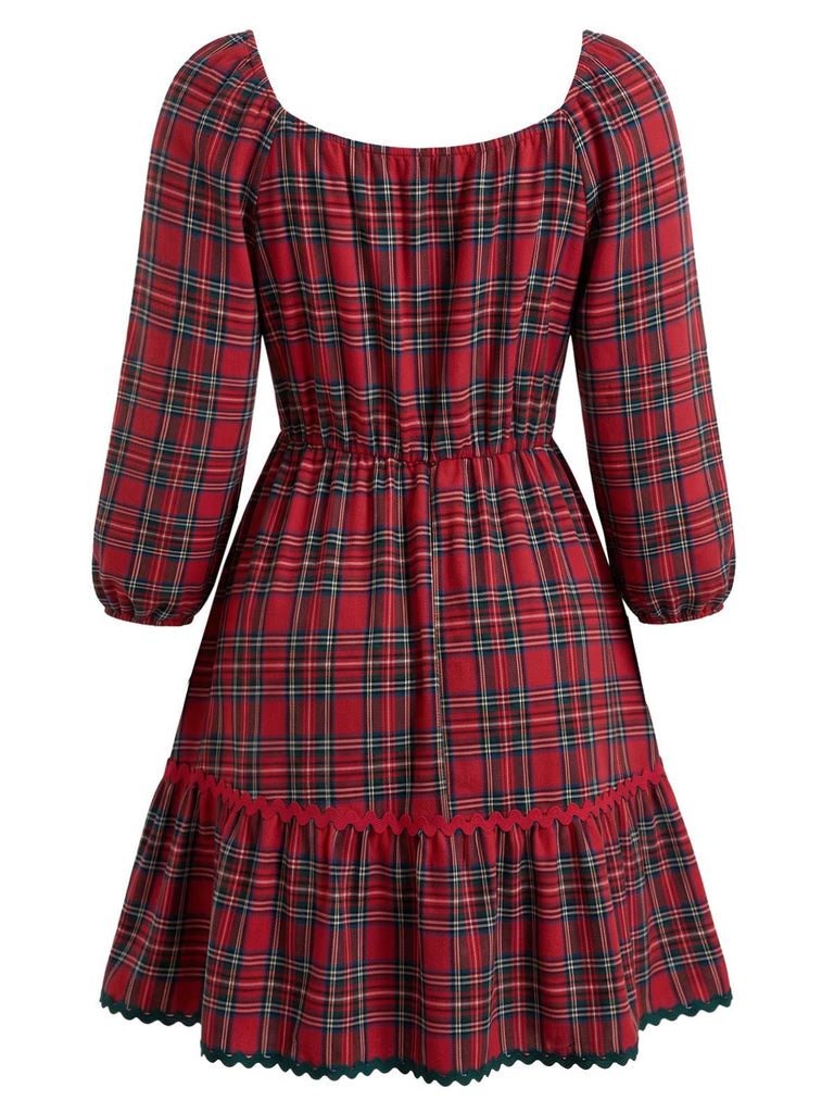 [Grande Taille] Robe évasée rouge motif écossais col V et nœud la taille années 50