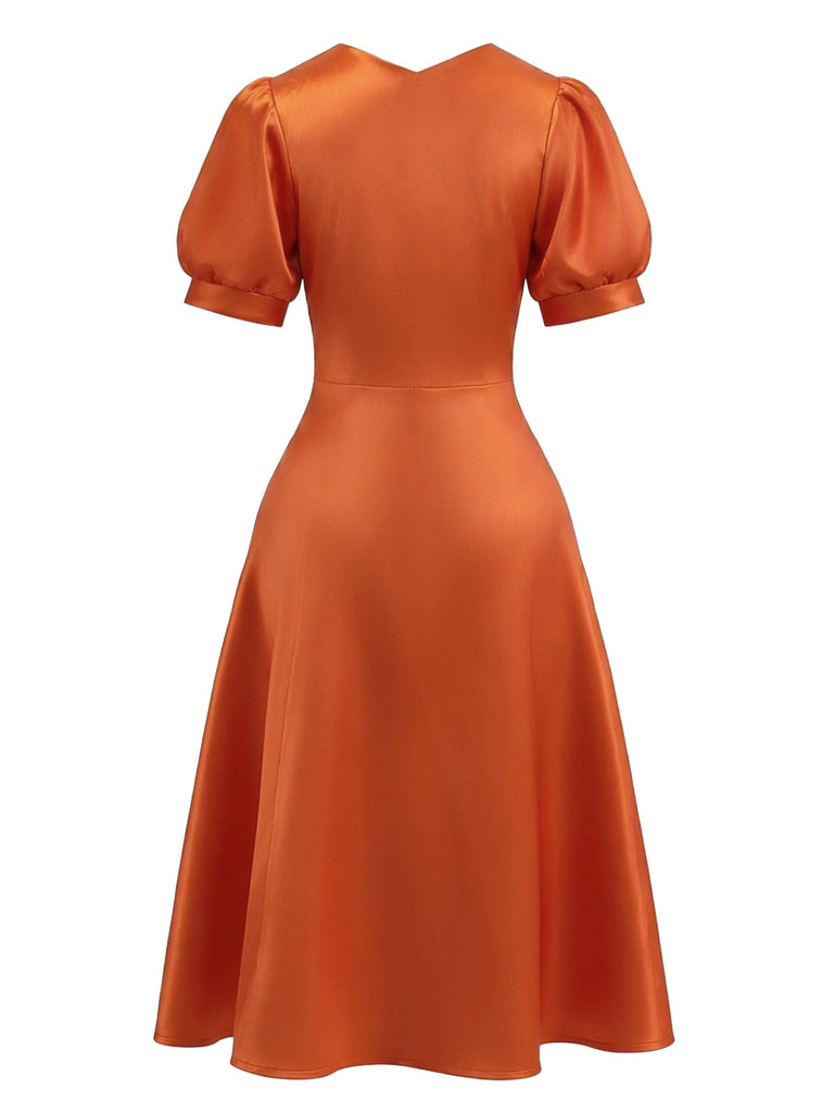 Robe Orange Éclaboussures Manches Bouffantes Années 1950