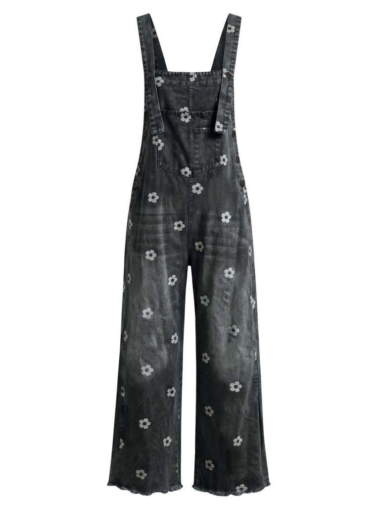 Salopette Bleue à Jambes Larges Florale Denim Années 1940