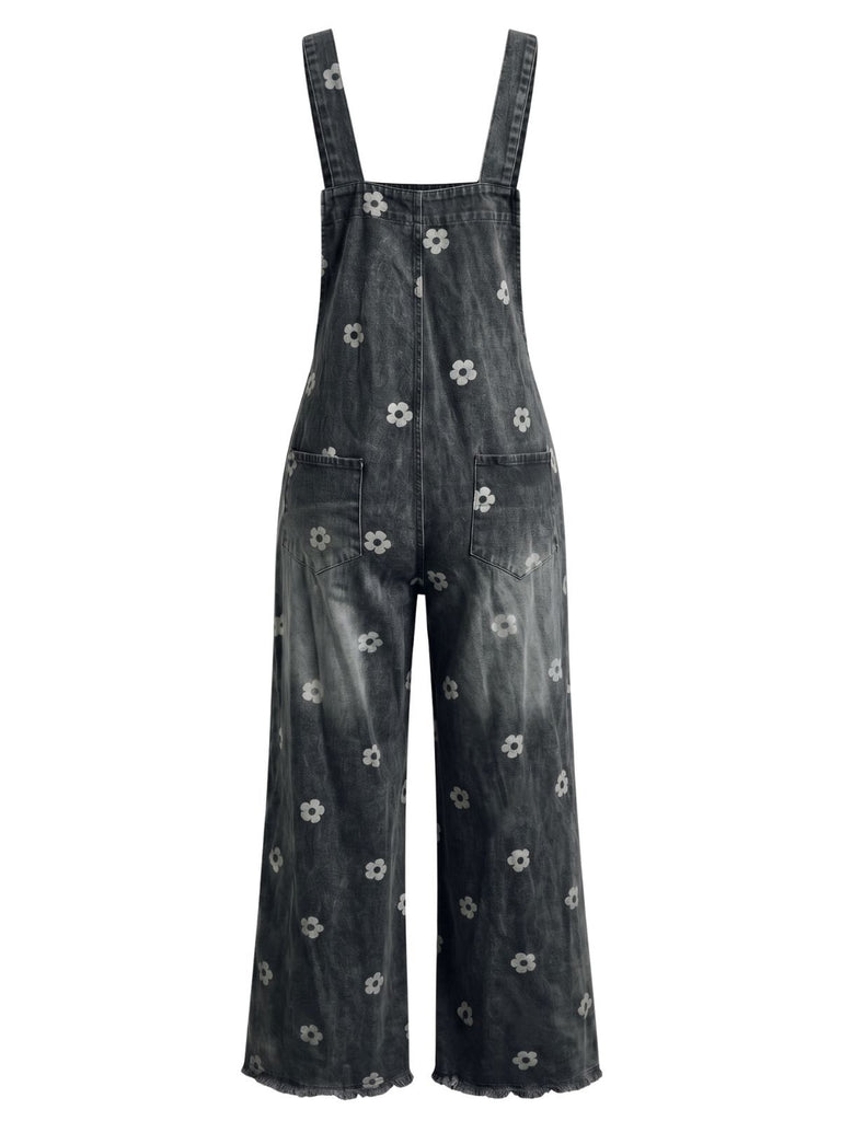 Salopette Bleue à Jambes Larges Florale Denim Années 1940