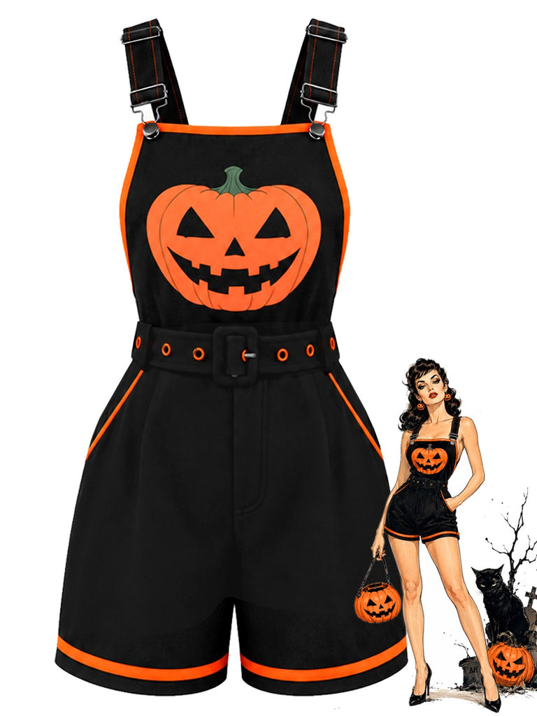 Salopette noir Halloween à citrouilles et poches Années 1960