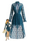 Robe bleu foncé col V manches longues dentelle et ourlet asymétrique années 70