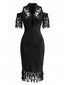 Robe crayon noire florale et franges Années 1970