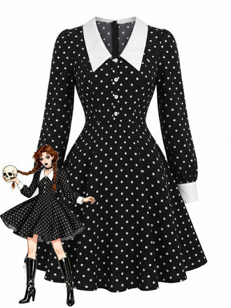 Robe noire à pois, col Chelsea et manches longues années 1950