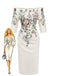 Robe beige moulante à fleurs et épaules dénudées années 1960