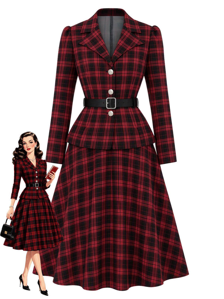 [Prévente] 2PCS Blazer noir et rouge à carreaux et jupe années 1950