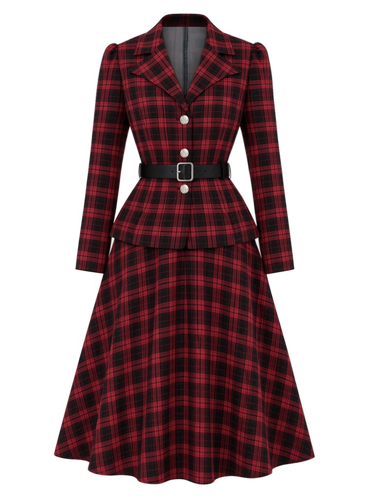[Prévente] 2PCS Blazer noir et rouge à carreaux et jupe années 1950