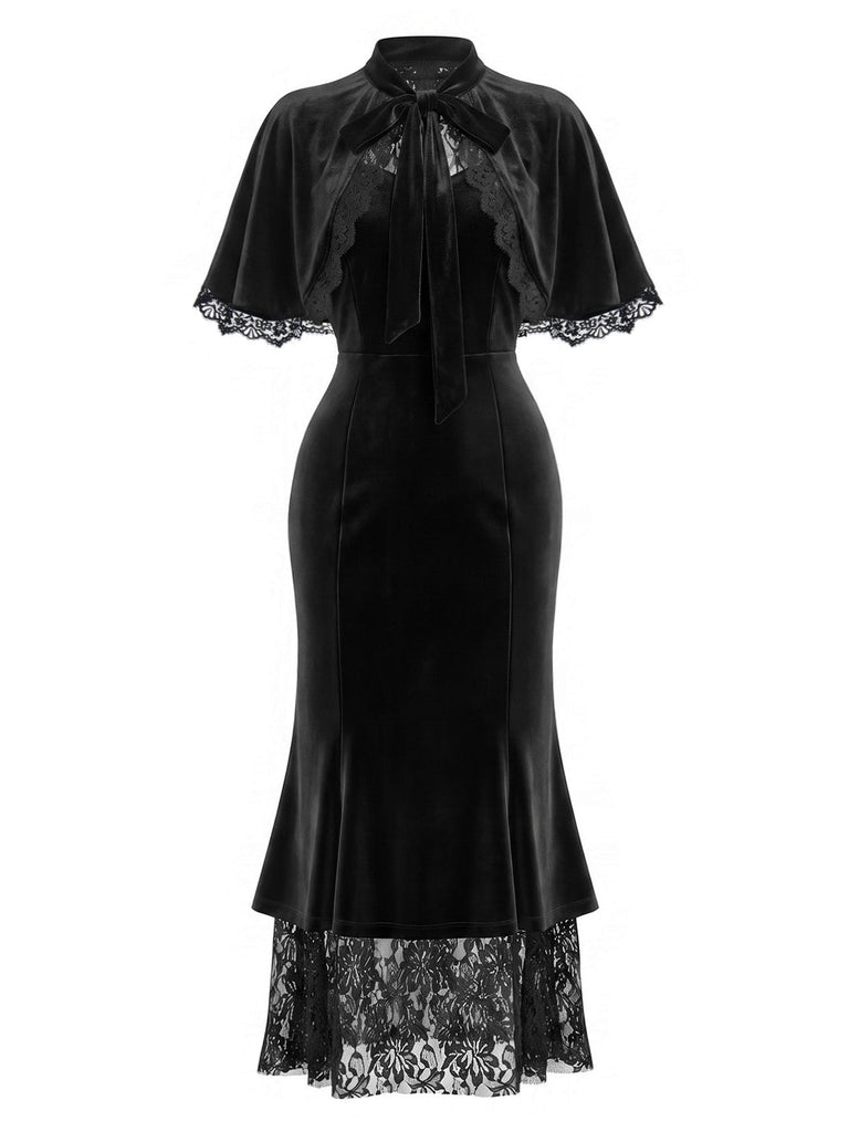 [Prévente] Robe sirène noire en velours et dentelle avec cape à volants Années 1930 - 2