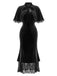 [Prévente] Robe sirène noire en velours et dentelle avec cape à volants Années 1930 - 2