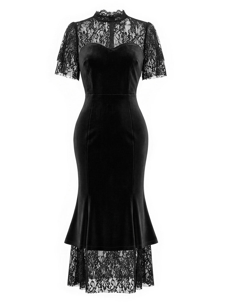 [Prévente] Robe sirène noire en velours et dentelle avec cape à volants Années 1930 - 6