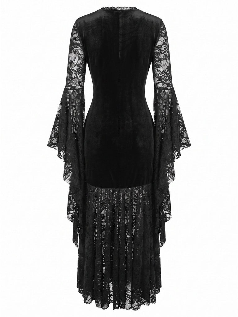 Robe noire velours coupe gothique manches chauve-souris et empiècements dentelle années 70