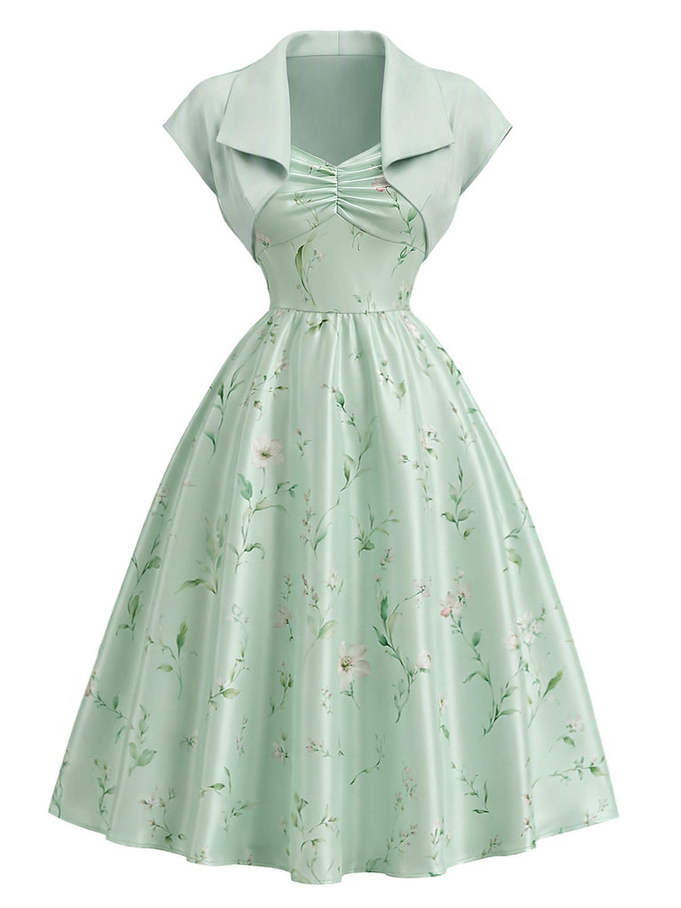 2PCS Robe florale satin chérie veste boléro années 1940
