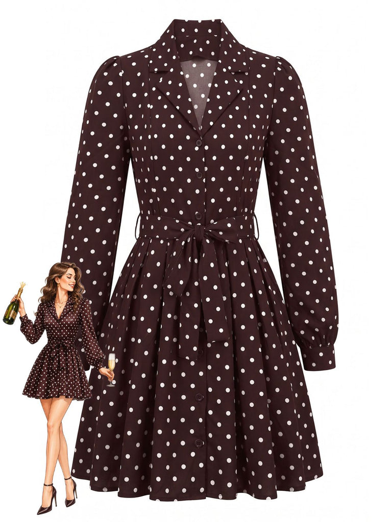 Robe marron à pois, col à revers, boutons et ceinture Années 1960 - 1