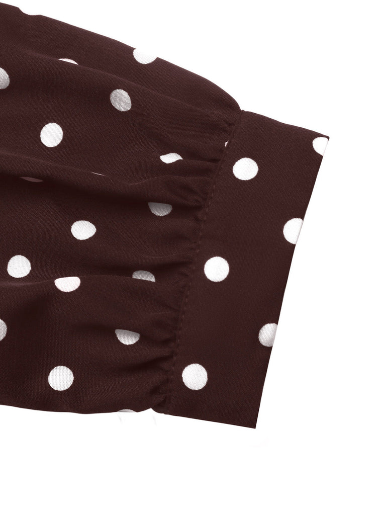 Robe marron à pois, col à revers, boutons et ceinture Années 1960 - 9